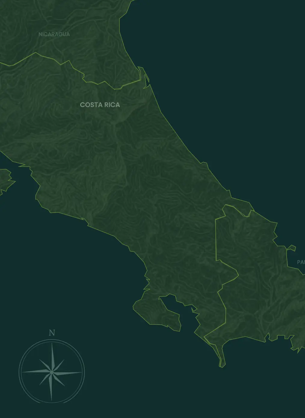 Map of Costa Rica with the 10 best spots marked: Manuel Antonio, Cahuita, Puerto Viejo, Tortuguero, La Fortuna, Sarapiquí, Uvita, Osa, Jacó, Monteverde